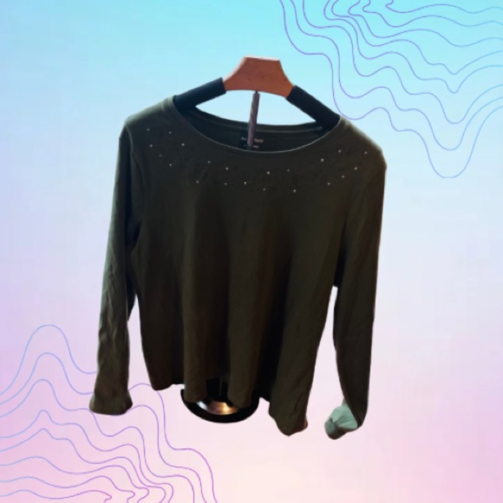 STUDIO WORKS Women’s XL Olive Green Long Sleeve Embellished Top